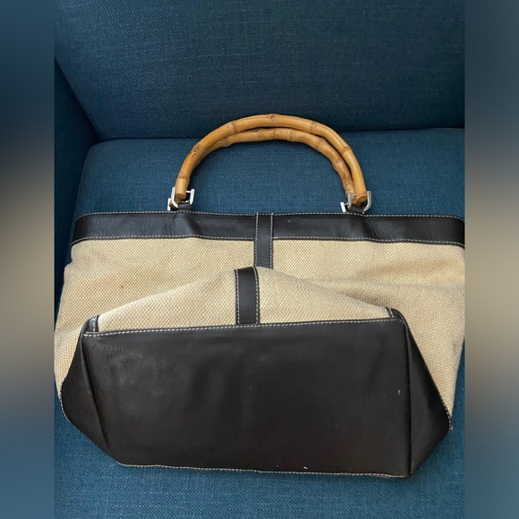 Kate Landry Woven Mettalic Straw Tote Leather Trim & Dual Bamboo Handles Bag - Picture 11 of 12